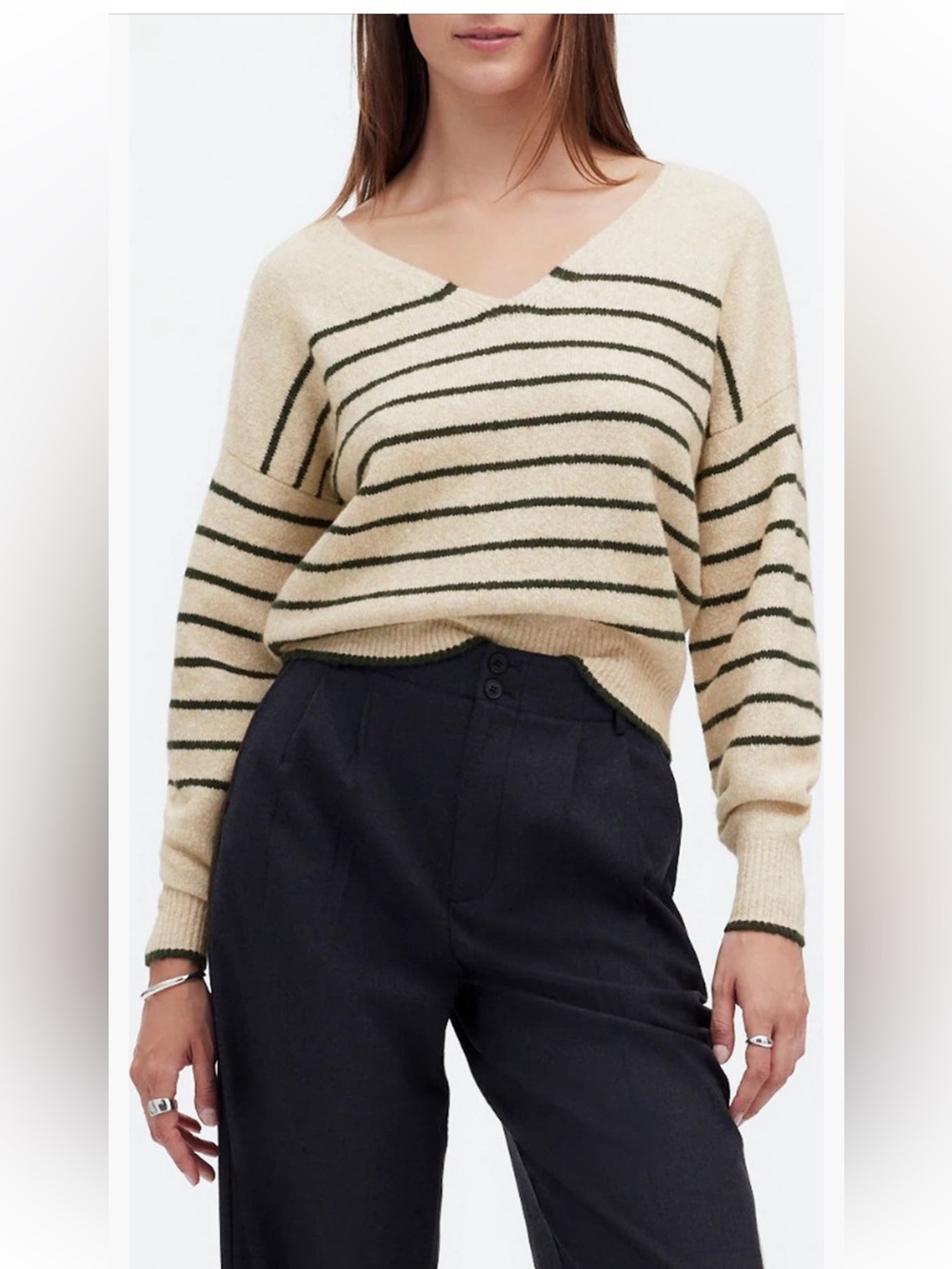 Madewell Stripe V Neck Wedge Sweater Forrest green stripe striped large NWT
